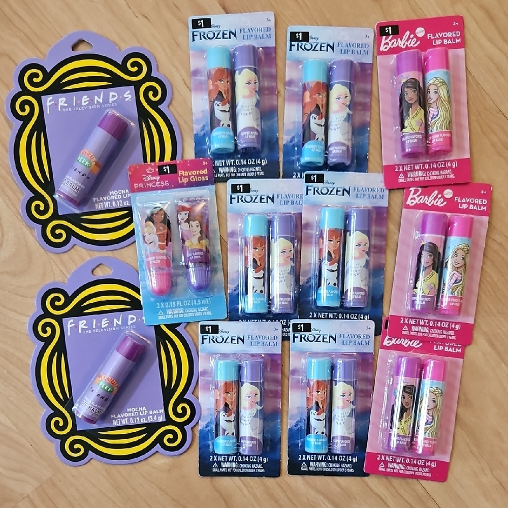 NWT Disney, Barbie, F.R.I.E.N.D.S. Themed Flavored Lip Balm Set for Kids -12 Lot